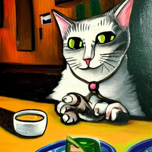 Image similar to a sleepy cat investigator orders a pint at the local Irish pub, colorful, oil painting in the style of Tim Burton,