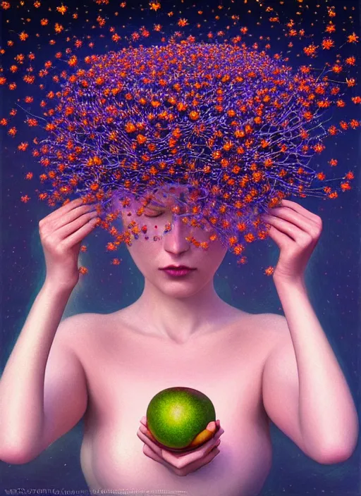 Image similar to hyper detailed 3d render like a Oil painting - Aurora (Singer) Eats of the Strangling Fruit and Her delicate Hands hold of gossamer polyp celium blossoms bring iridescent fungal flowers whose spores black the foolish stars by Jacek Yerka, Mariusz Lewandowski, Houdini algorithmic generative render, Abstract brush strokes, Masterpiece, Edward Hopper and James Gilleard, Zdzislaw Beksinski, Mark Ryden, Wolfgang Lettl, hints of Yayoi Kasuma, octane render, unreal engine 5 render, 8k