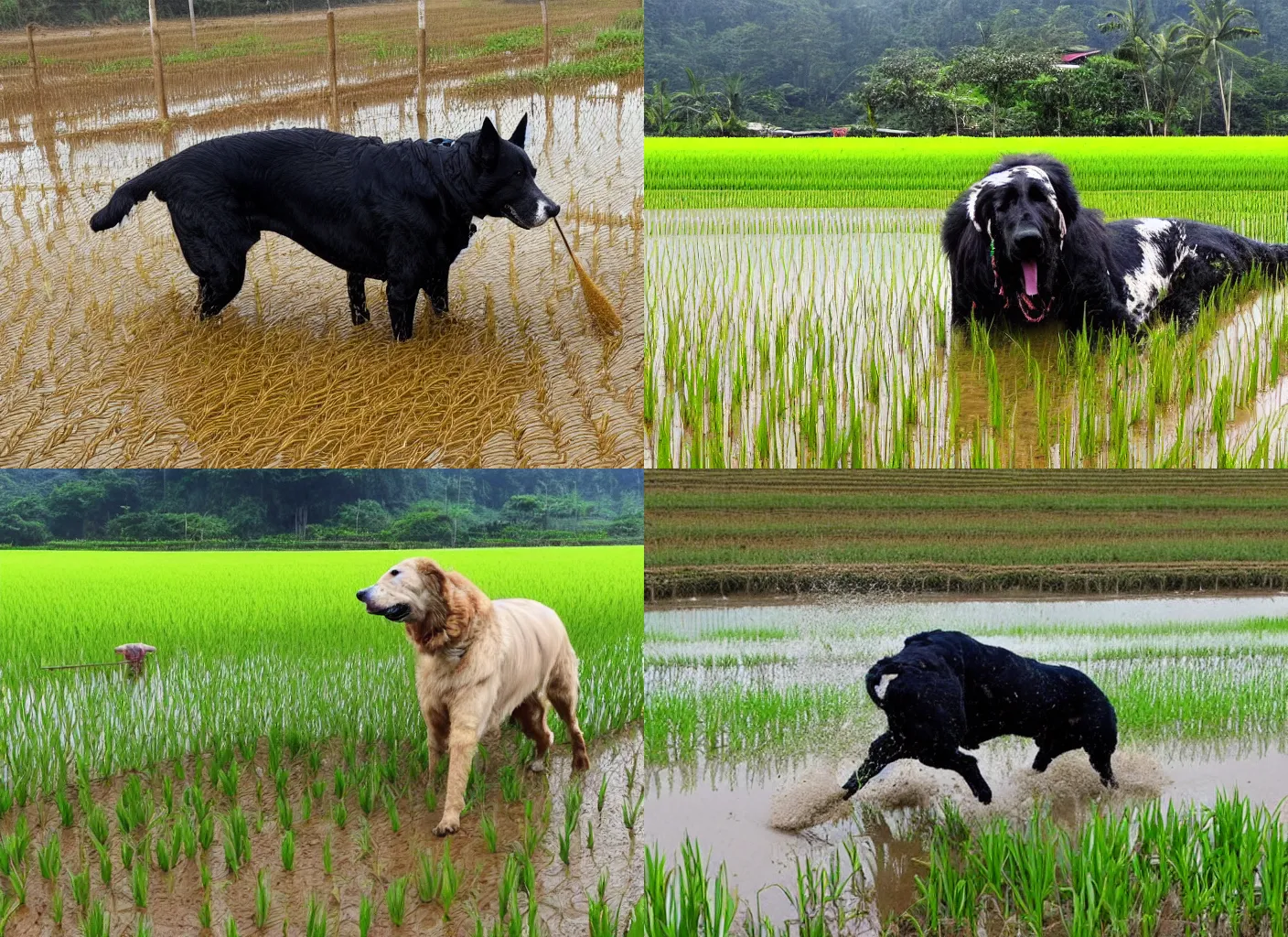 Prompt: photo, A large dog Planting Rice in a paddy field.