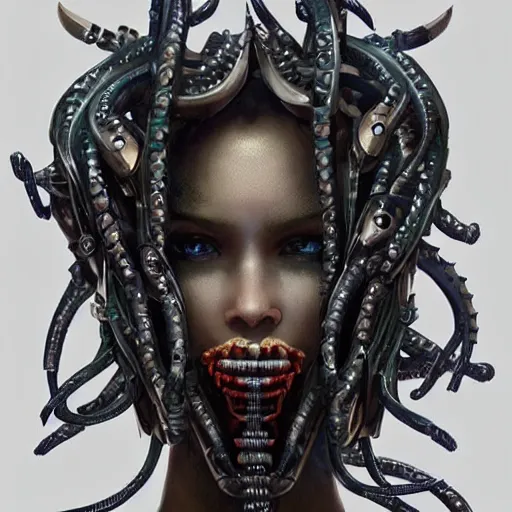 Image similar to a mech version of african medusa, with a septum piercing, very symmetrical, highly detailed, by vitaly bulgarov, by joss nizzi, by ben procter, by steve jung, concept art, quintessa, metal gear solid, transformers cinematic universe, concept art world, pinterest, artstation, unreal engine