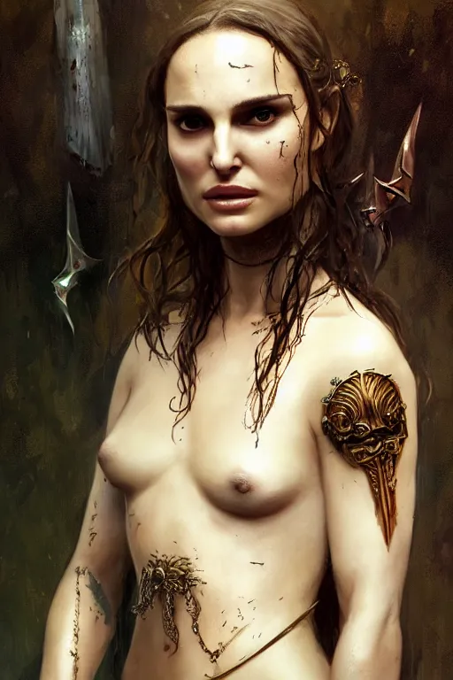 Image similar to natalie portman, warrior, lord of the rings, tattoos, decorative ornaments, by carl spitzweg, ismail inceoglu, vdragan bibin, hans thoma, greg rutkowski, alexandros pyromallis, perfect face, fine details, realistic shading, photorealism