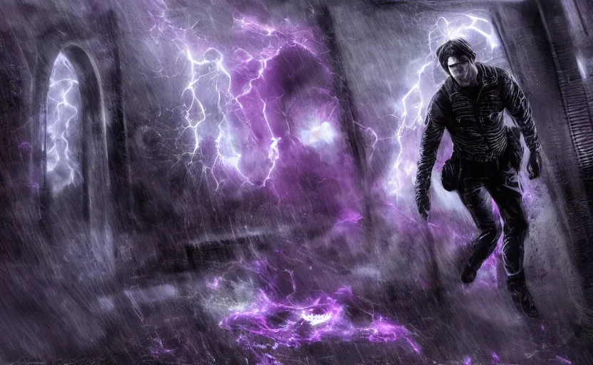 Prompt: Tom Cruise in silent hill, Dark fantasy, clear, thunderstorms, Magic lightning, portals with tentacles coming out from the Portals from above, color black green and purple white blue , mystery, horror, artstation, DeviantArt