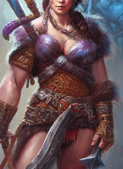 Image similar to female barbarian, ultra detailed fantasy, dndbeyond, bright, colourful, realistic, dnd character portrait, full body, pathfinder, pinterest, art by ralph horsley, dnd, rpg, lotr game design fanart by concept art, behance hd, artstation, deviantart, hdr render in unreal engine 5