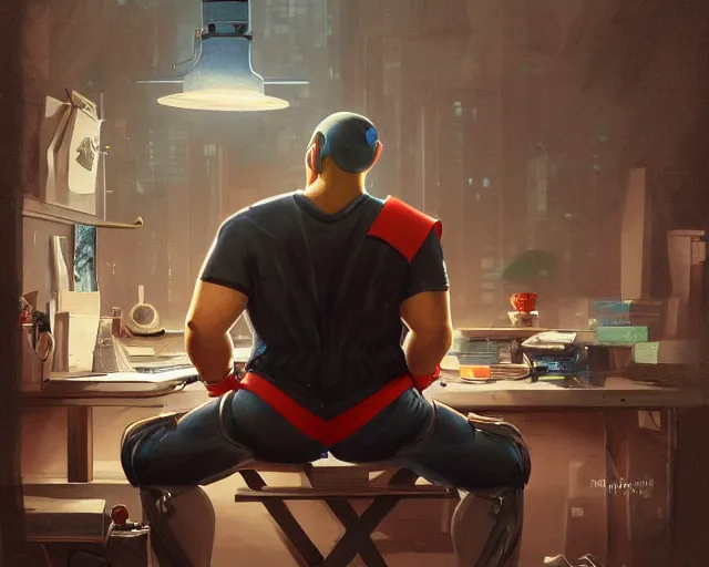 Image similar to an insanely detailed painting of a slightly chubby, nerdy asian man wearing a superhero costume and mask, sitting at a desk, staring at the nervously at the computer and typing, in the style of peter mohrbacher, dramatic lighting and composition, octane render, trending on artstation, concept art, comic book, view from behind