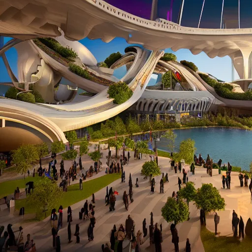 Image similar to octane render, industrial light magic, sharp professional photo inside a high - end luxurious beautiful utopian futuristic chicago worlds fair, ultradetailed, photorealistic