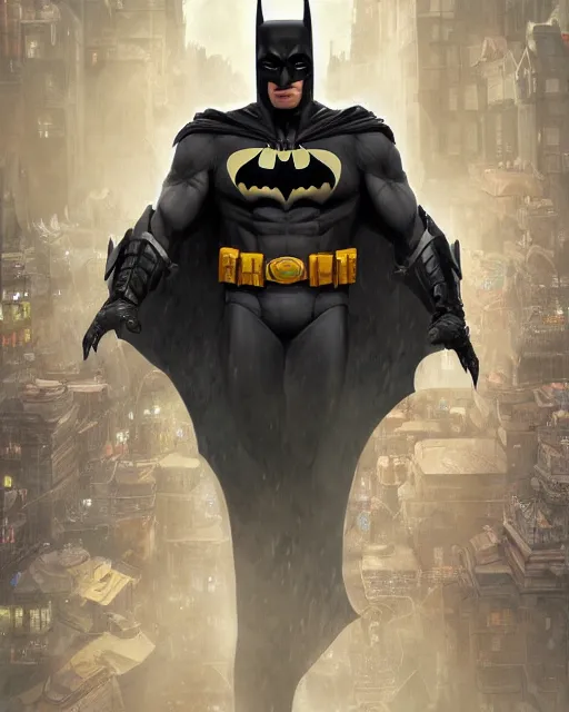 Image similar to batman, hyper detailed, digital art, trending in artstation, cinematic lighting, studio quality, smooth render, unreal engine 5 rendered, octane rendered, art style by klimt and nixeu and ian sprigger and wlop and krenz cushart.