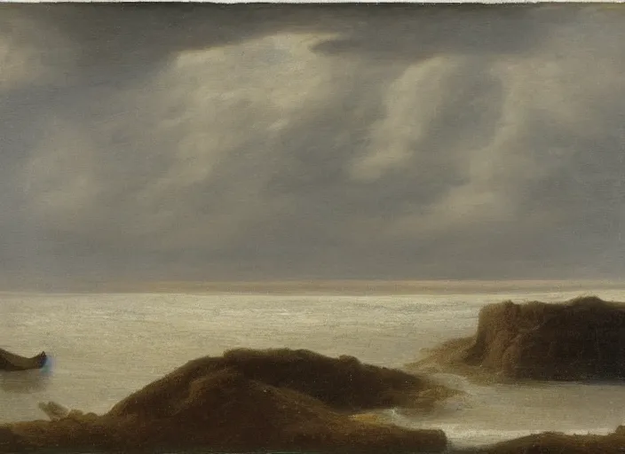 Prompt: the north sea ( doggerland ) frozen over and the water lowered during the last ice ages, in the style of hudson river school of art, oil on canvas