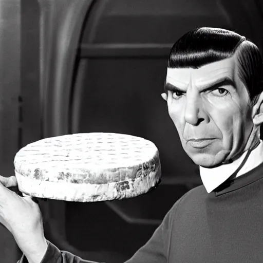 Image similar to spock eating a large wheel of cheese,