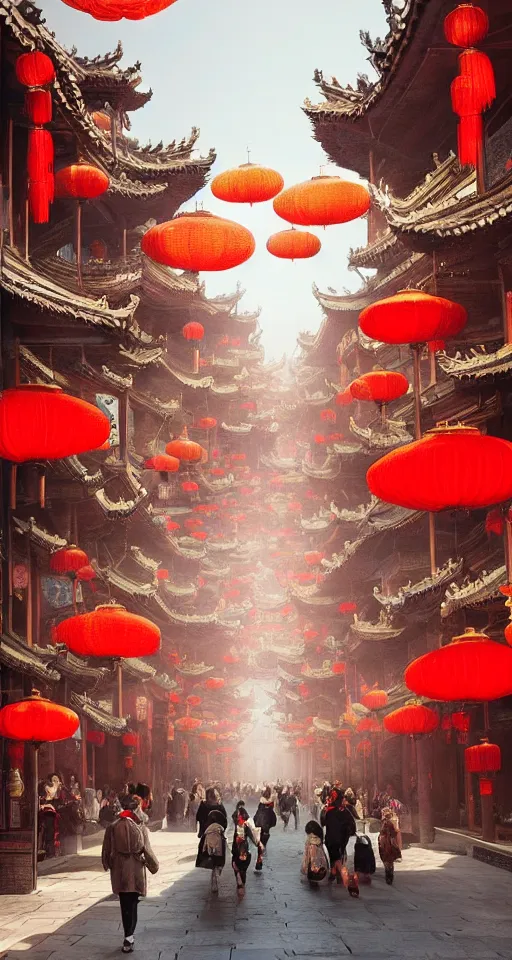 Image similar to epic scenery of a shopping street in the Chinese imperial city, intricate, elegant, volumetric lighting, digital painting, highly detailed, artstation, sharp focus, illustration, concept art, ruan jia, steve mccurry