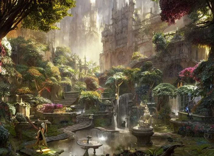 Image similar to a wide open courtyard in a beautiful elven city made of ivory and silver, vivid colors, lush trees, flowers, ponds, fountain, subsurface scattering, volumetric lighting, concept art, fantasy digital painting by James Gurney, by Greg Rutkowski, trending on Artstation, highly detailed