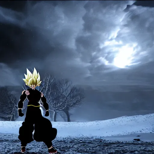 Prompt: full shot of angry darkness goku super saiyan at moonlight, snowing, detailed, unreal engine 4k volumetric light, fog,