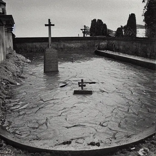 Prompt: The painting shows a grave that has been flooded with water. The grave is located in a cemetery in Italy. The water in the grave is dirty and there is trash floating in it. The grave is surrounded by a fence. by Paul Strand, by Gabriel Dawe curvaceous