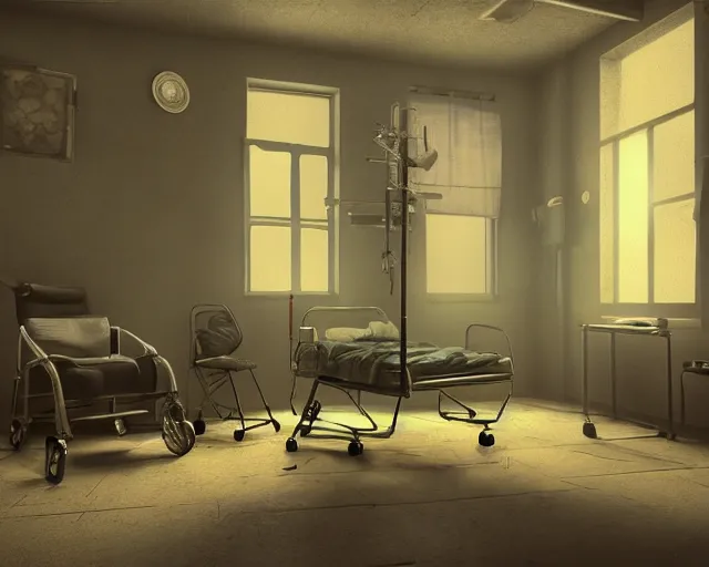 Image similar to artstation scifi scene an old ward, one ceiling fan, wheelchair, crutches, bed, dust, paneled walls, window, summer unreal engine 5, hyper realism, realistic shading, cinematic composition, blender render, octane render, hdr, detailed textures, photorealistic, wide shot