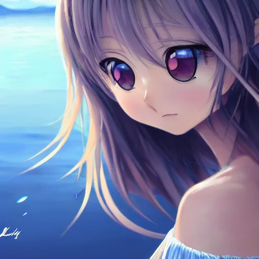 Image similar to a very beautiful anime cute girl, full body, long wavy blond hair, sky blue eyes, full round face, short smile, fancy top, miniskirt, front view, summer lake setting, cinematic lightning, medium shot, mid-shot, highly detailed, trending on Artstation, Unreal Engine 4k, cinematic wallpaper by Stanley Artgerm Lau, WLOP, Rossdraws, and Sakimichan