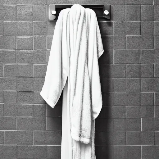 Prompt: a single bathrobe belt on a metal towel rack, tile wall