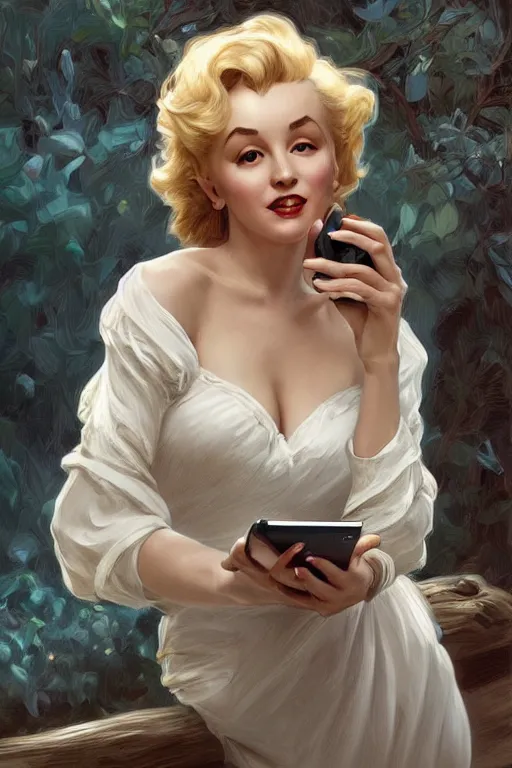 Image similar to beautiful cottagecore Marylin Monroe talking on a cell phone. intricate, elegant. highly detailed, digital painting, artstation, concept art, smooth, sharp, focus, illustration. . art by artgerm and greg rutkowski and alphonse mucha