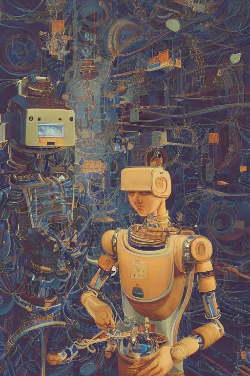 Prompt: a boy fixing his robot, by Victo Ngai, by Lohmuller Gyuri, high angle, oil on canvas