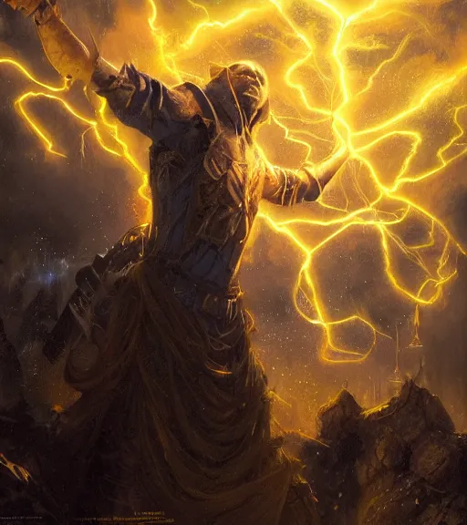 Prompt: a wizard summoning lightning from the sky, glowing yellow eyes, intricate, highly detailed, artstation, concept art, perfect composition, dynamic lighting, illustration, volumetric lighting, illustration, sharp focus, art by ralph horsley and greg rutkowski