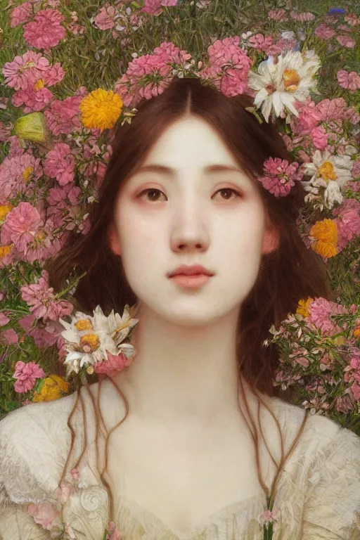 Image similar to Pre-raphaelite painting of a beautiful asian girl with freckles, wearing a flower headpiece, surrounded by big flowers, porcelain skin, cinematic lighting, photo realistic, highly detailed, maya, digital painting, artstation, concept art, sharp focus, illustration, by Mucha