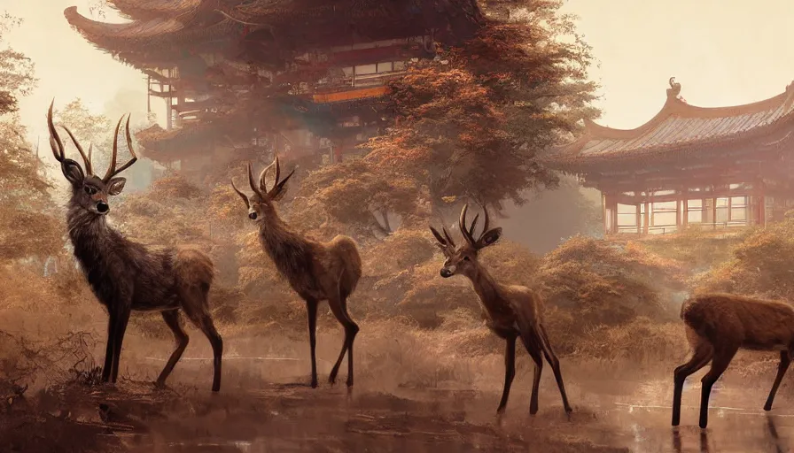 Prompt: craig mullins and ghibli digital illustration of 2 deers and camers a broken chinese temple unreal engine, hyper realism, realistic shading, cinematic composition, realistic render, octane render, detailed textures, photorealistic, wide shot