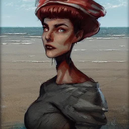 Prompt: lady at the beach by enki bilal artstation