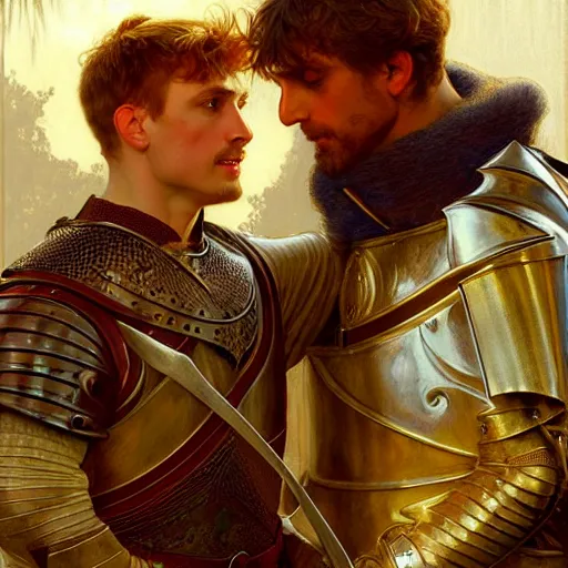 Image similar to attractive arthur pendragon and his attractive male knight, they are in love, natural lighting, path traced, highly detailed, high quality, digital painting, by gaston bussiere, craig mullins, alphonse mucha j. c. leyendecker