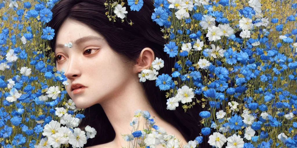 Prompt: goddess of nemophila flowers portrait, amalgamation of leaves and flowers, orthodox saint, beautiful raking sunlight, nemophila flowers. intricate artwork by Hsiao-Ron Cheng. octane render, trending on artstation, greg rutkowski. cinematic, hyper realism, high detail, octane render, 8k