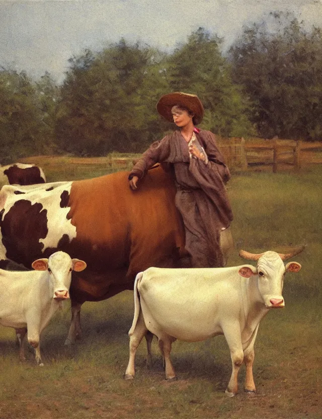 Prompt: portrait of peasant girl and cow on a farm, cottage core, polaroid photo bleached vintage pastel colors high - key lighting, soft lights, foggy, by steve hanks, by lisa yuskavage, by serov valentin, by tarkovsky, 8 k render, detailed, oil on canvas