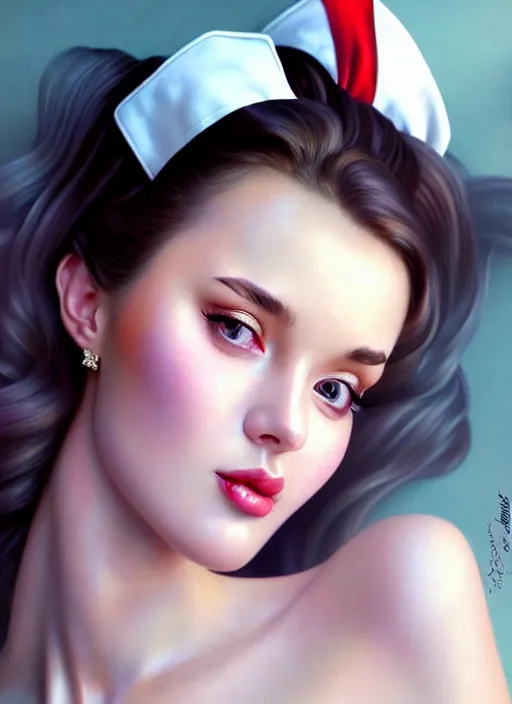 Prompt: glamorous and sexy nurse in chemisier, beautiful, pearlescent skin, natural beauty, seductive eyes and face, elegant girl, lacivious pose, natural beauty, very detailed face, seductive lady, full body portrait, natural lights, photorealism, summer vibrancy, cinematic, a portrait by artgerm, rossdraws, Norman Rockwell, magali villeneuve, Gil Elvgren, Alberto Vargas, Earl Moran, Enoch Bolles