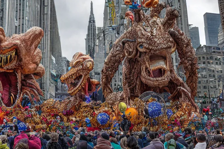 Image similar to photo of giant beautiful elaborate parade float designed by geoff darrow!!!!!!!! and ( ( ( ( ( ( hr giger ) ) ) ) ) ), in the macys parade, detailed 4 k photo
