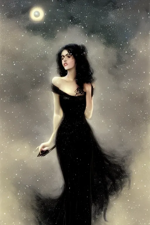 Image similar to Nocturne, glowing, stars, a long-legged elegant evil woman, long black hair, pearl amulet, highly detailed, mysterious, ethereal, dressed in black velvet, haute couture, illustration, dramatic lighting, soft details, painting, by Edmund Blair Leighton, Brom, Charlie Bowater, trending on artstation, faces by otto schmidt