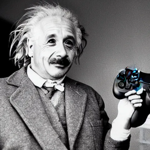 Image similar to photo of einstein holding a ps 5 controller while shouting