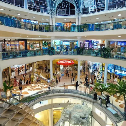 Image similar to photo of inside a shopping mall the inside is flooded with over 7 meters of water clear beautiful water, highly detailed.