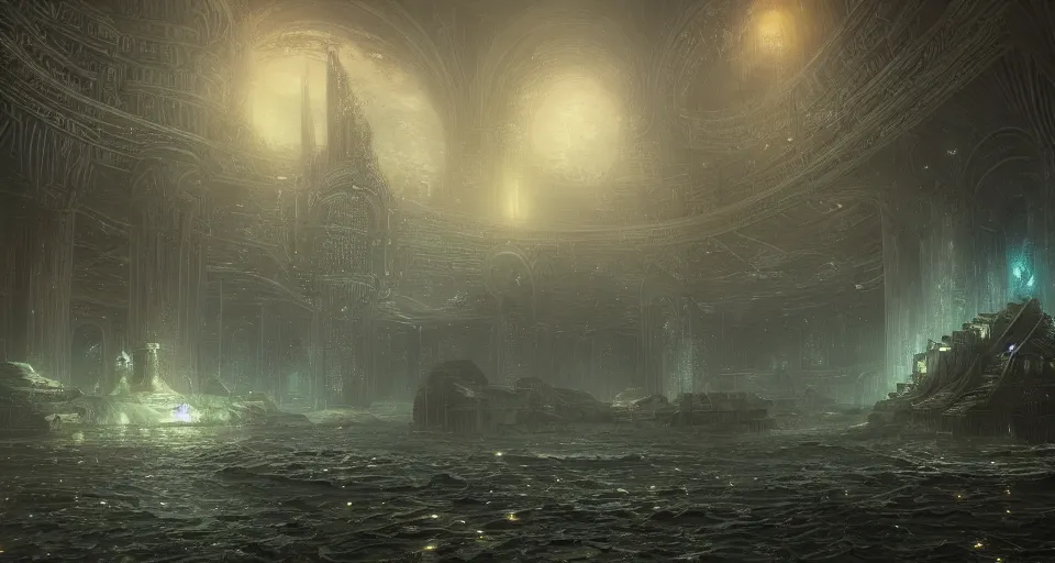 Prompt: atlantide, the lost underwater city, cthulhu, intricate, elegant, glowing lights, highly detailed, digital painting, artstation, concept art, smooth, sharp focus, illustration, loneliness, great space, greg rutkowski, 8 k, very high resolution, astrophotography, processing, extremely hyperdetailed