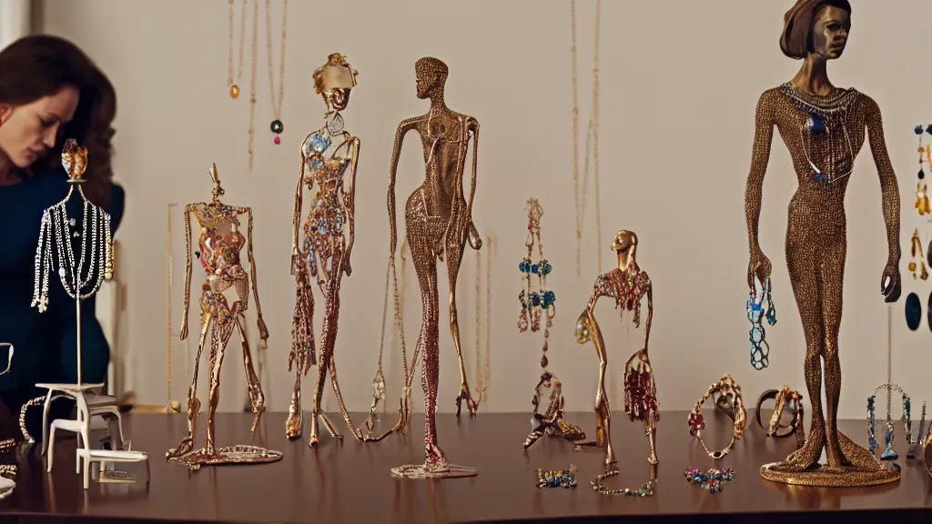 Image similar to a woman made of jewelry stands in the living room, film still from the movie directed by Denis Villeneuve with art direction by Salvador Dalí, wide lens, 4K, realistic