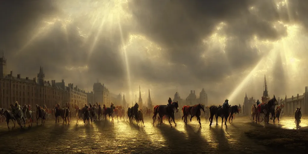 Image similar to 1 8 th century london, god rays, carriages with horses, digital art, landscape, fantasy art, octane render, ureal engine, high detail, very realistic, by greg rutkowski. by james gurney