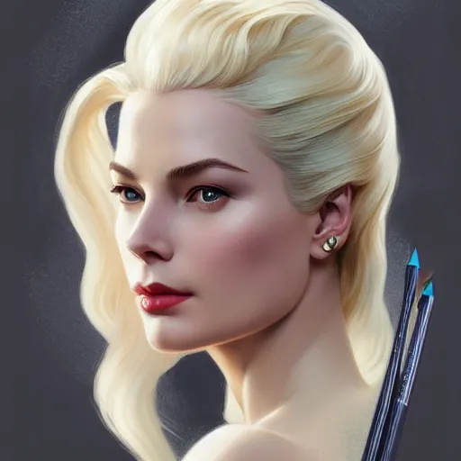 Image similar to Grace Kelly with platinum blonde hair as 2B, western, D&D, fantasy, intricate, elegant, highly detailed, digital painting, artstation, concept art, matte, sharp focus, illustration, art by Artgerm and Greg Rutkowski and Alphonse Mucha