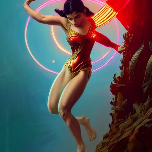 Image similar to anne curtis as darna, volumetric lights, red and cyan theme, art nouveau botanicals, intricate, highly detailed, digital painting, artstation, concept art, smooth, sharp focus, cinematic, illustration, beautiful face, art by artgerm and greg rutkowski and alphonse mucha