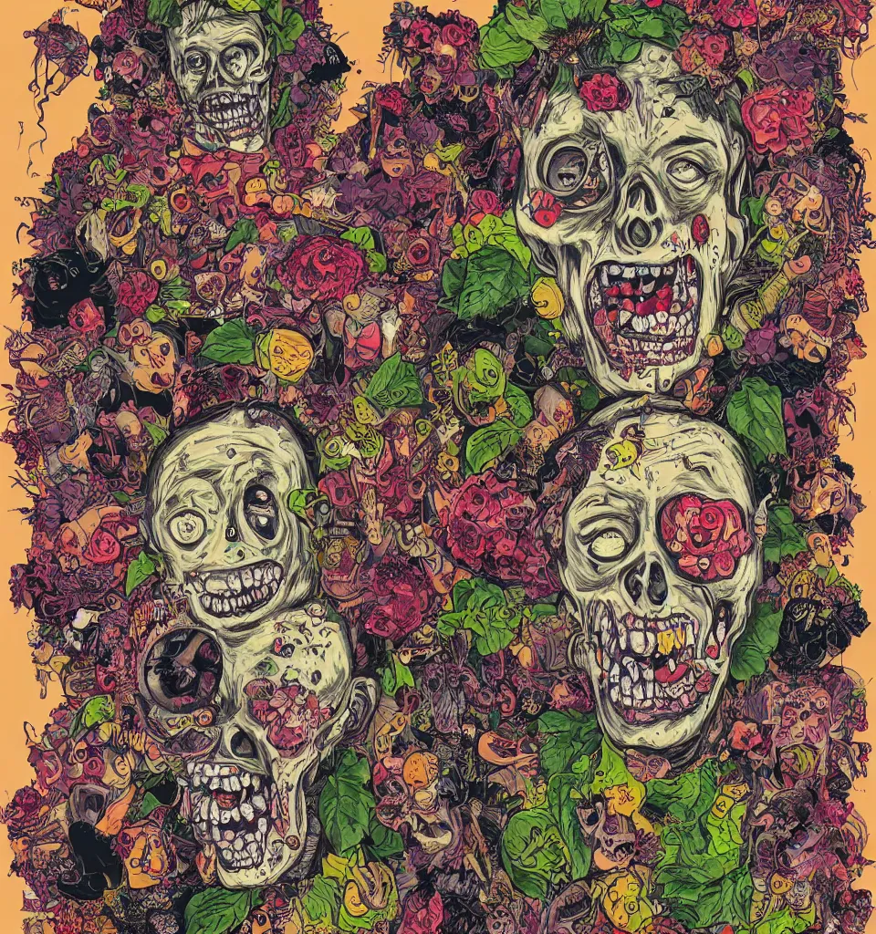 Prompt: portrait of a zombie punk rock band, t - shirt, ripped jeans, head made of fruit gems and flowers in the style of arcimboldo, basil wolverton, james jean, cartoonish graphic style, street art, silkscreen pop art, punk graphics, photocopy
