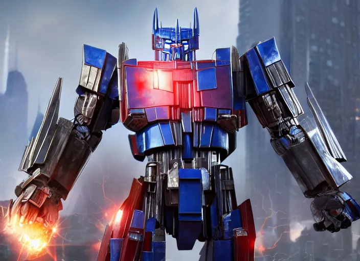 Image similar to optimus prime from transformers 7 : rise of the beasts [ destroying ] a decepticon, ultra realistic 4 k unreal engine very cinematic render with ray tracing bloom ambient occlusion strong reflections depth of field fog