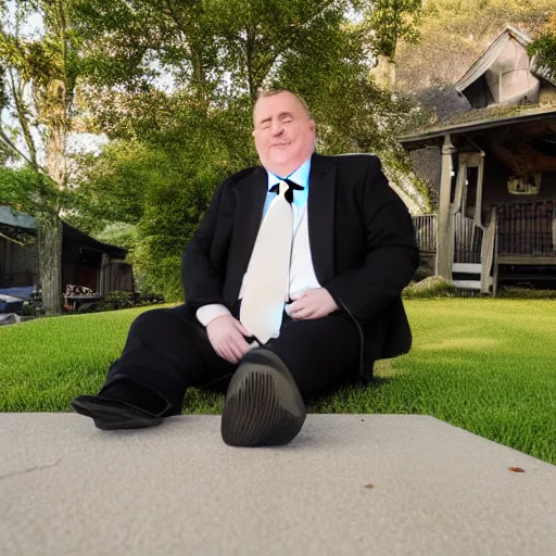 Prompt: A clean-shaven chubby white man wearing a black suit and black necktie and black dress shoes sitting n the porch of his house during golden hour