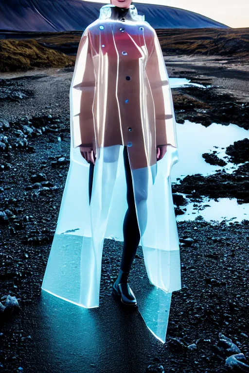 Image similar to an ultra high definition professional high fashion portrait studio full length photograph of a model wearing a transparent pearlescent raincoat and neon visor in an icelandic black rock environment at dawn. no artefacts. extremely detailed. stark. refraction. shallow depth of field. volumetric light and shadow. ray tracing. light rays.