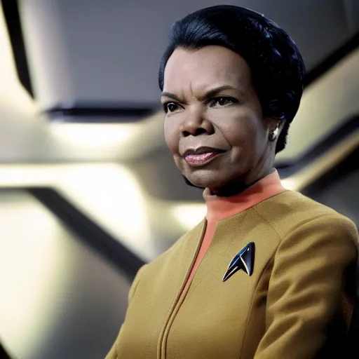 Prompt: Condoleezza Rice as a crew member on Star Trek the original series, XF IQ4, f/1.4, ISO 200, 1/160s, 8K, RAW, unedited, symmetrical balance, in-frame