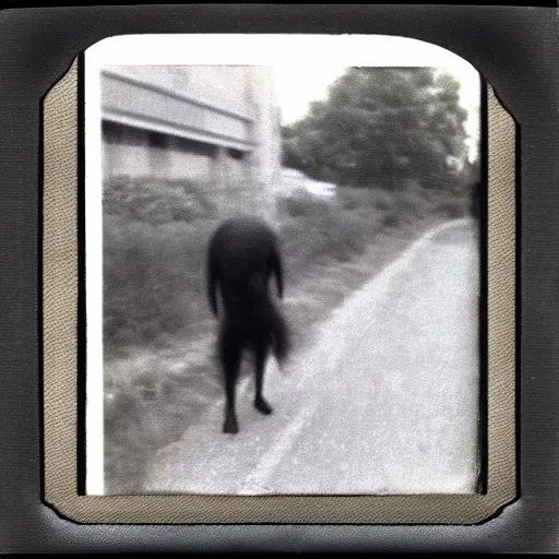 Prompt: creepy grainy polaroid photograph of four legged cryptid with human face and hair dragging a dead body across the street and looking at the camera