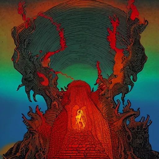 Image similar to satan in hell by moebius, landscape, colorful, highly detailed, cinematic, 1 6 mm, 8 k, epic