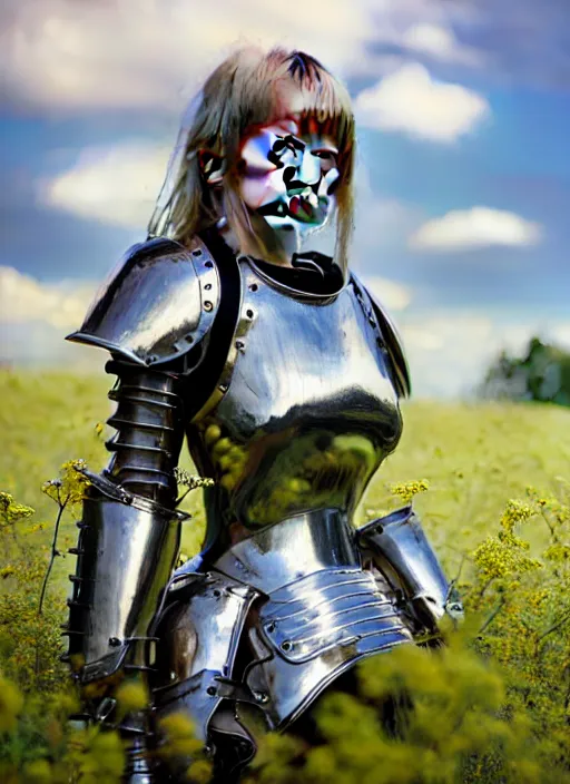 Prompt: a masterpiece hyperrealistic ultradetailed fullbody photograph of a lifelike real human anime girl in full steel plate armor, surrounded by blooming weeds, gorgeous, vibrant hairs, visible skin pores, photoreal image, in the style of wlop, photoreal, overrendered, blender, unreal engine, extremely detailed, trending on artstation, sharp focus, 4 k