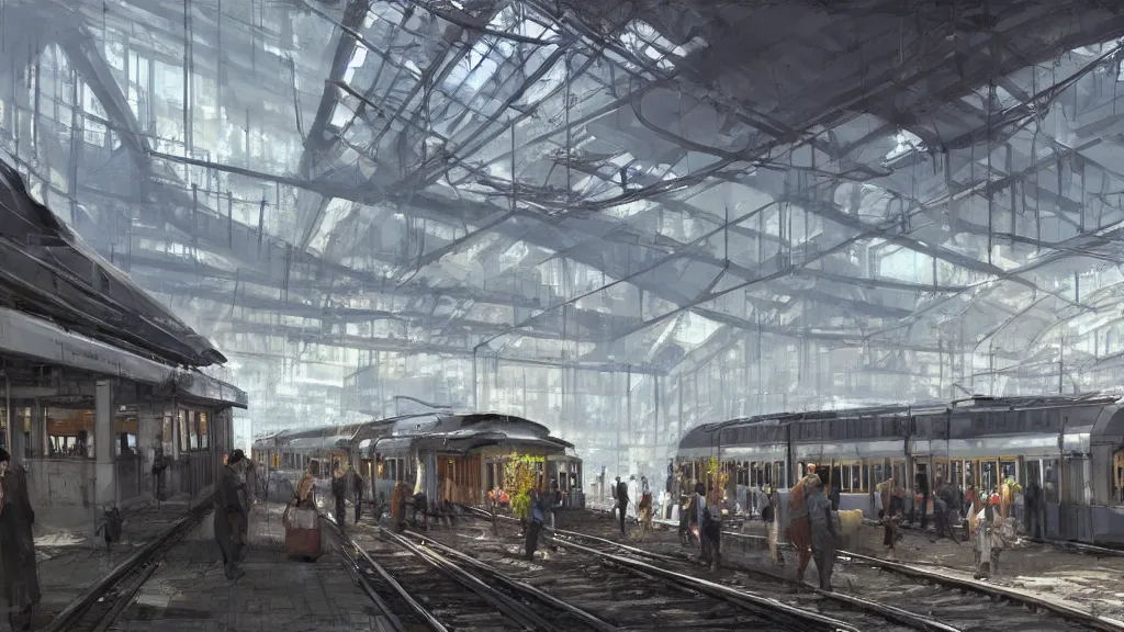 Prompt: A train station that serves trains and cable cars, brutalist architecture, craig mullins style, solarpunk, concept art