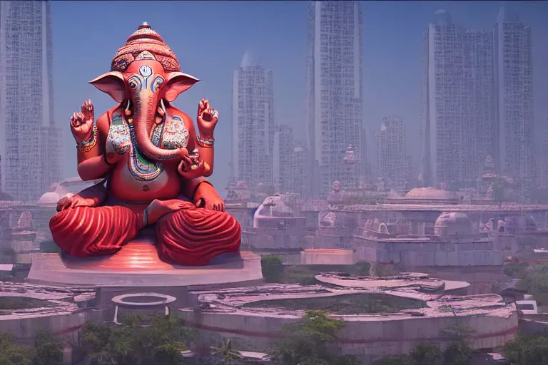 Image similar to beautiful futuristic new delhi, sci - fi ganesha!! building, kalighat flowers, octane highly detailed cinematic, stephen shore & john j. park, soft morning light, wide shot, aerial shot, uhd 8 k, shallow depth of field