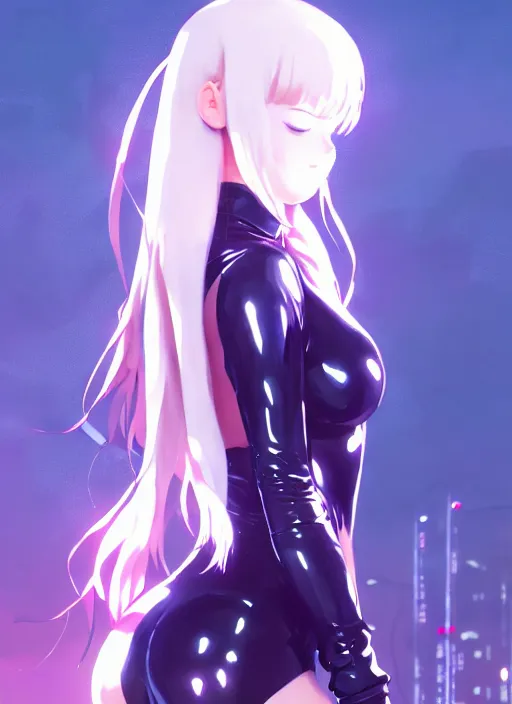 Prompt: portrait of cute girl in latex clothes, night city background illustration concept art anime key visual trending pixiv fanbox by wlop and greg rutkowski and makoto shinkai and studio ghibli and kyoto animation