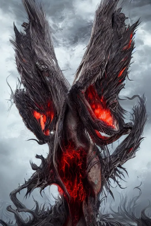 Image similar to character design, wraith rising from ember ashes, tattered demonic wings, ultra detailed, digital art, 8k ,character ,realistic, portrait, hyperrealistic